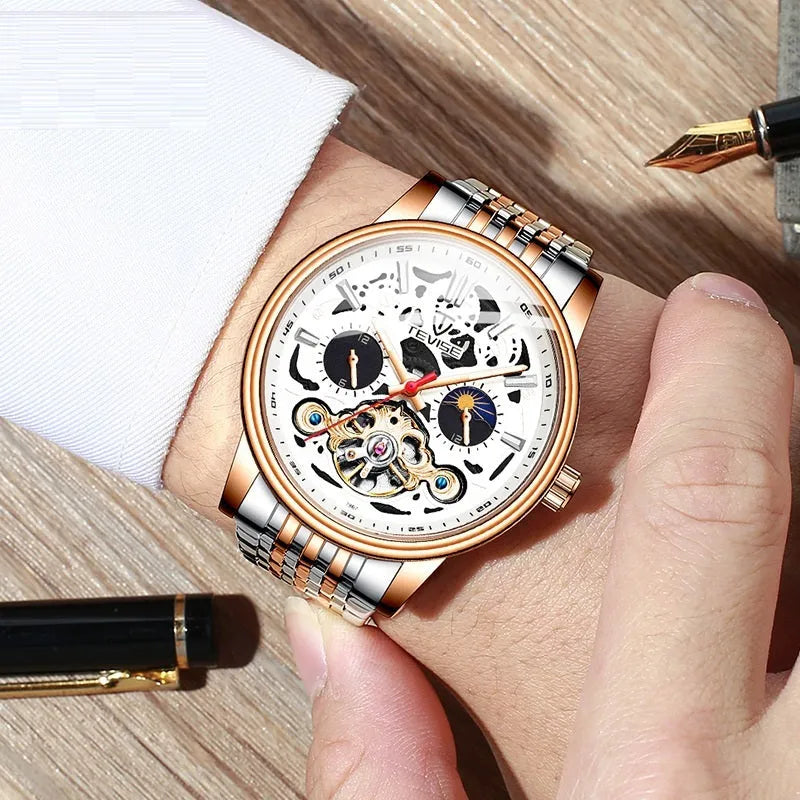 Fashion Tourbillon Waterproof Luminous Mechanical Watch in T867-Rose Black with 16.5mm thickness and luminous hands