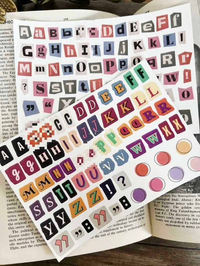 English letters and numbers symbol label stickers in cute style with printed symbols for decoration and organisation