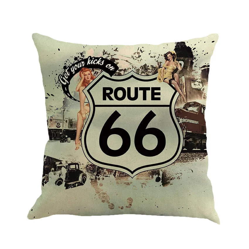 Us Route 66 linen-cotton blend cushion cover with landscape pattern, 45cm square dimensions, European style design