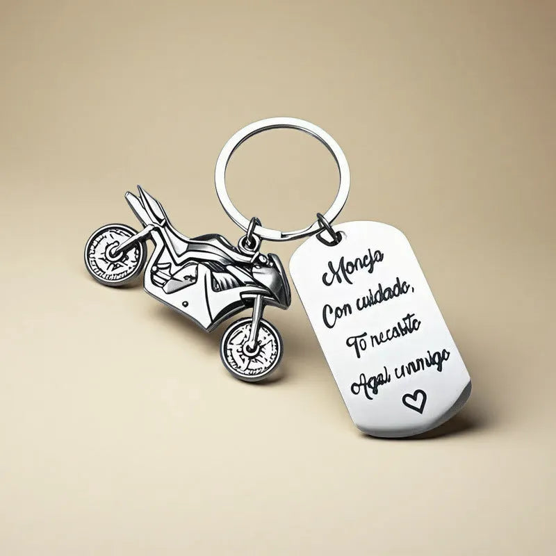 Stainless steel key ring with motorcycle design and flannel storage bag for key organisation