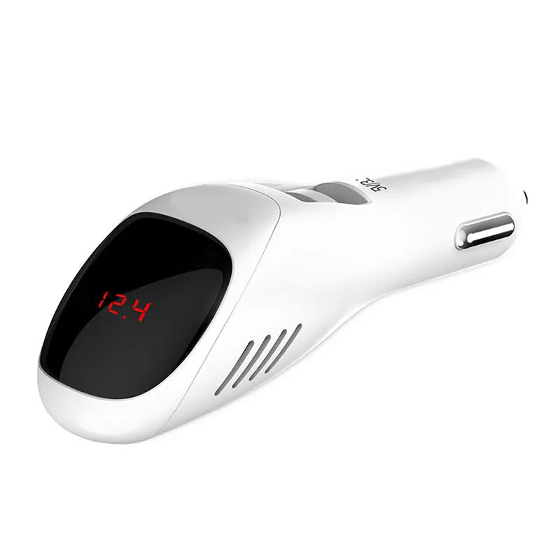White car USB charger and negative ion air purifier unit with compact design.