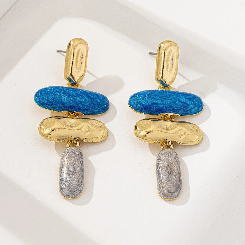 Geometric zinc alloy stud earrings with electroplated multicolor finish