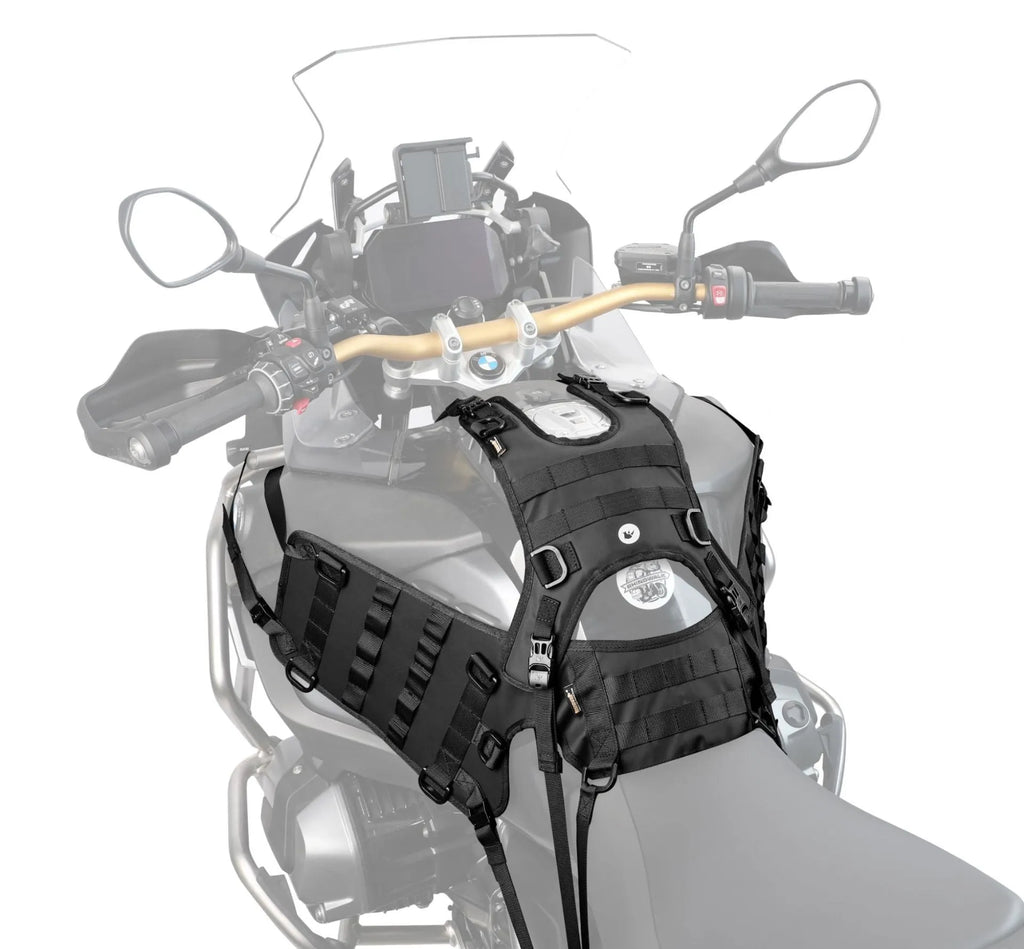 Black polyester motorcycle fuel tank mount base measuring 100×40cm with expanded size to 100×41cm
