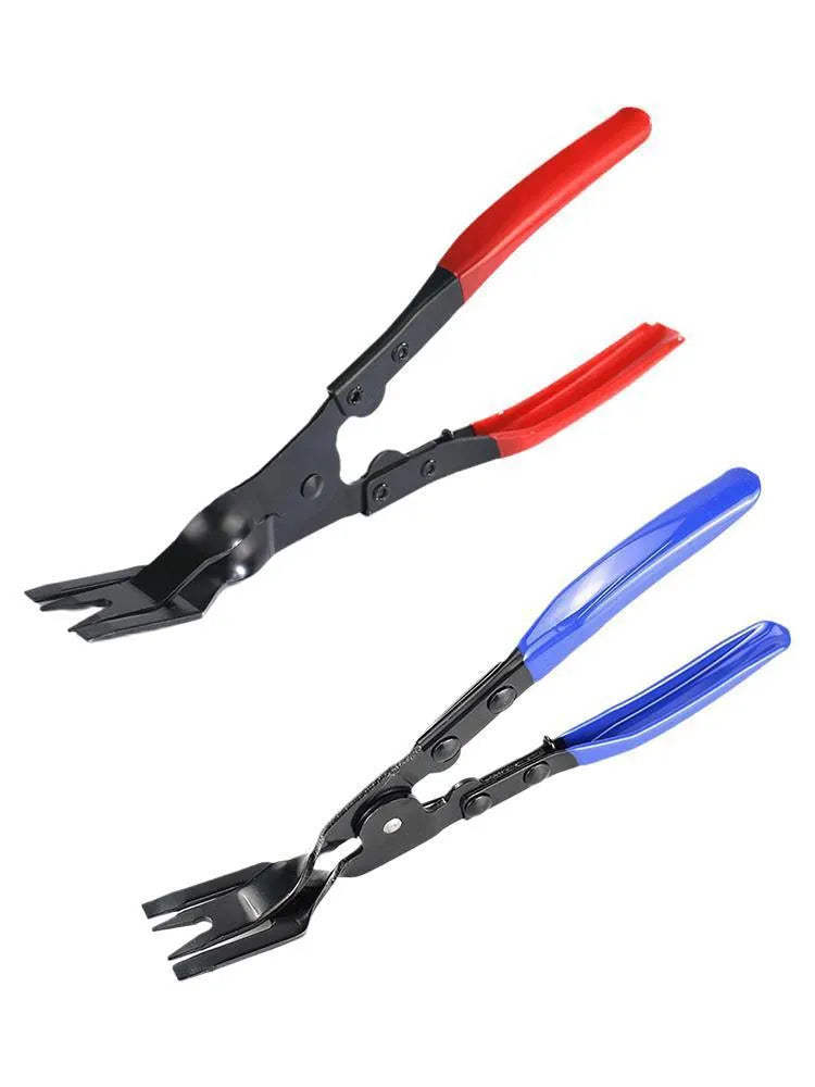 Blue steel car interior clip removal pliers showing 235mm length and 32mm working head