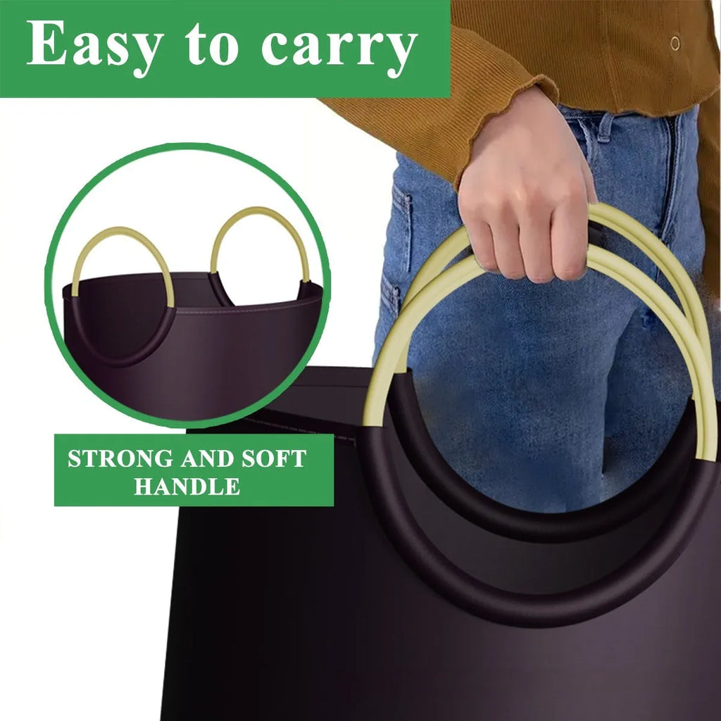 Round grey portable trash can showing 38cm diameter opening and 72cm height with included plastic bag