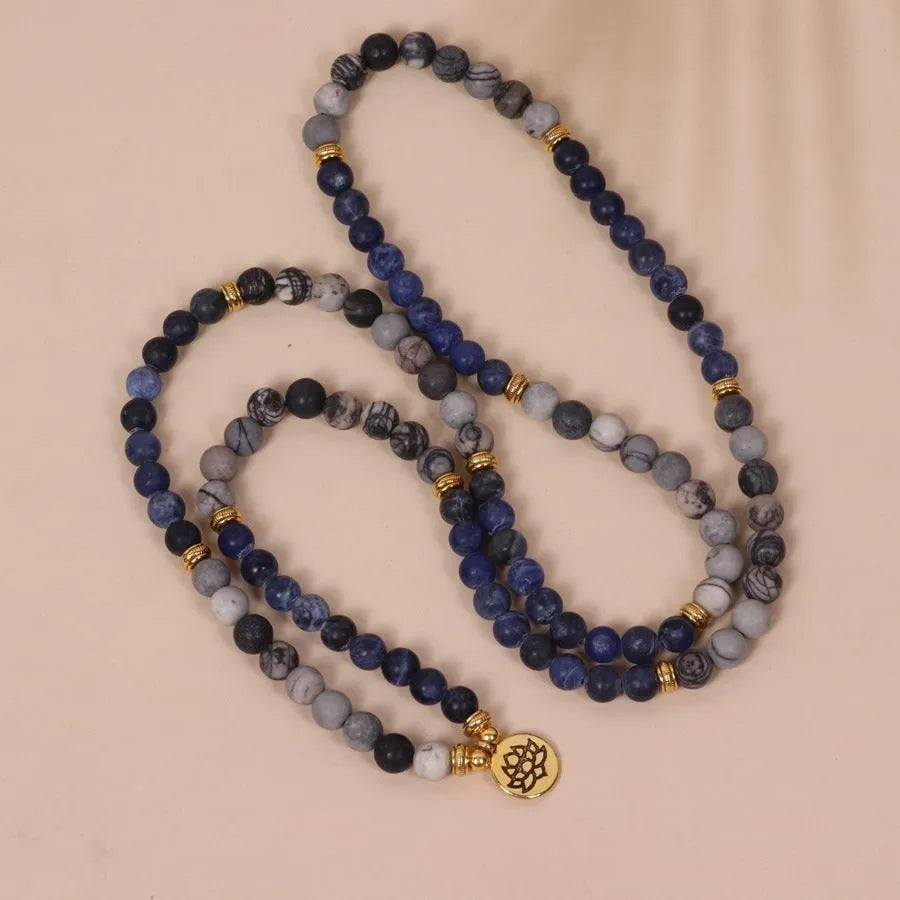Multi layer bracelet with blue patterned network stone beads in fresh and sweet natural style