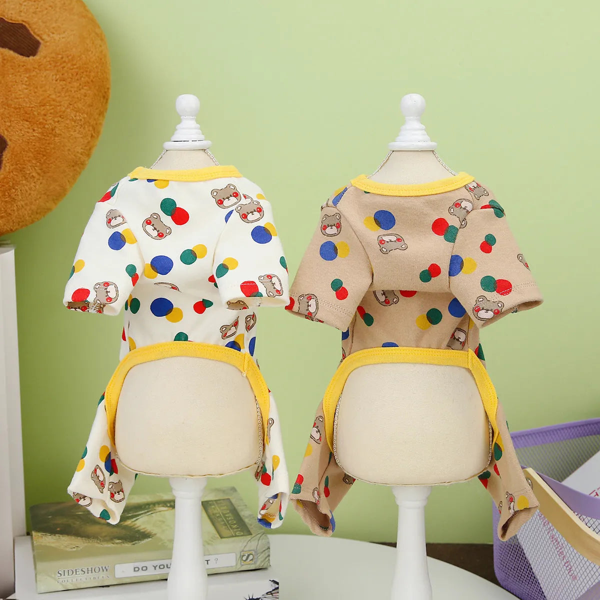 Dog wearing colourful ball bear design cotton spandex blend pet clothes in beige colour