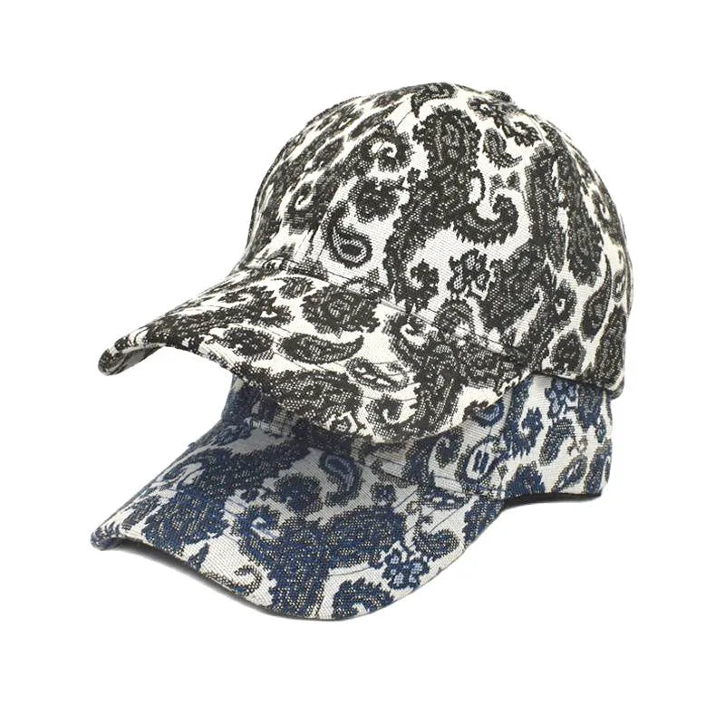 Polyester baseball cap with paisley pattern print in blue colour showing dome crown style
