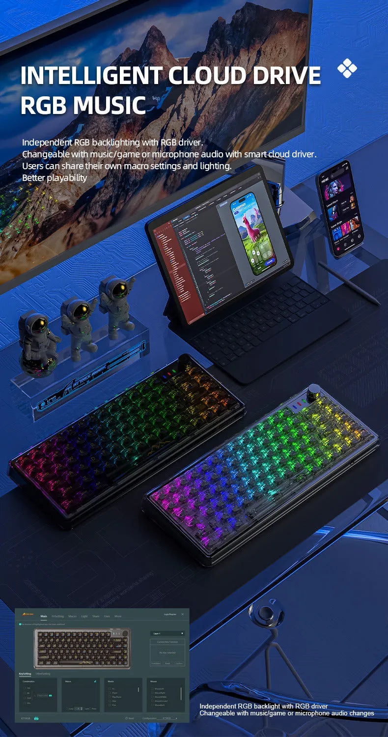 Attack Shark K75RGB wireless mechanical keyboard with transparent RGB lighting in black or white
