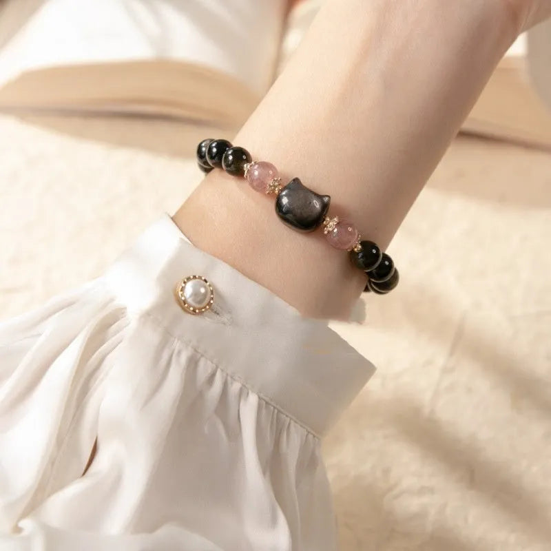 Black obsidian gemstone bracelet with 8mm beads and silver kitty charm accessories