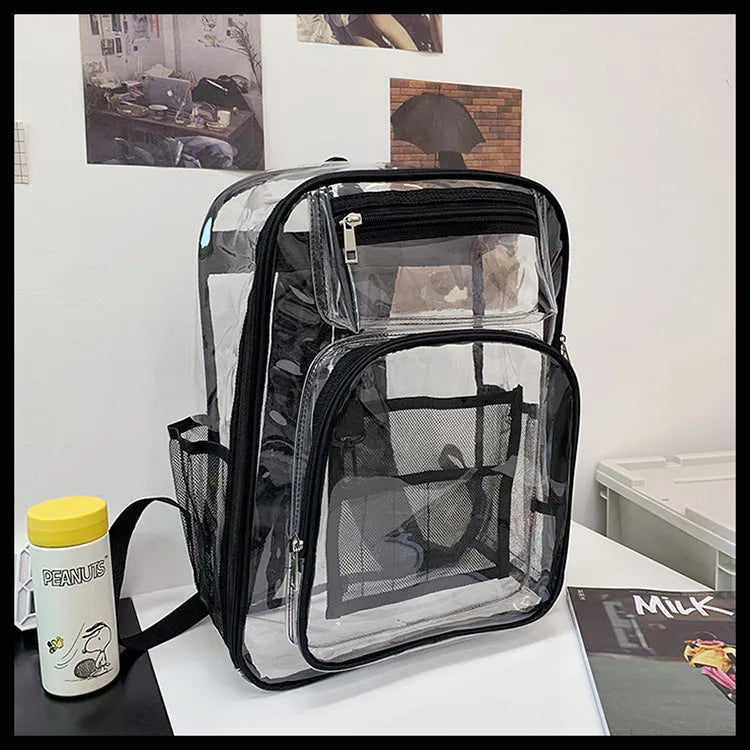 Transparent PVC waterproof backpack with a coloured inner voile bag, showing dimensions of 30cm by 16cm by 44cm.
