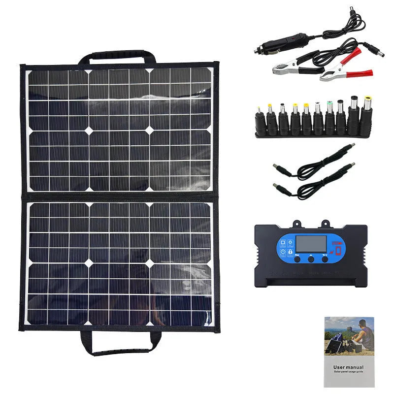 Black 40W solar folding bag showing 425x285x8mm folded size with single crystal panel for outdoor charging