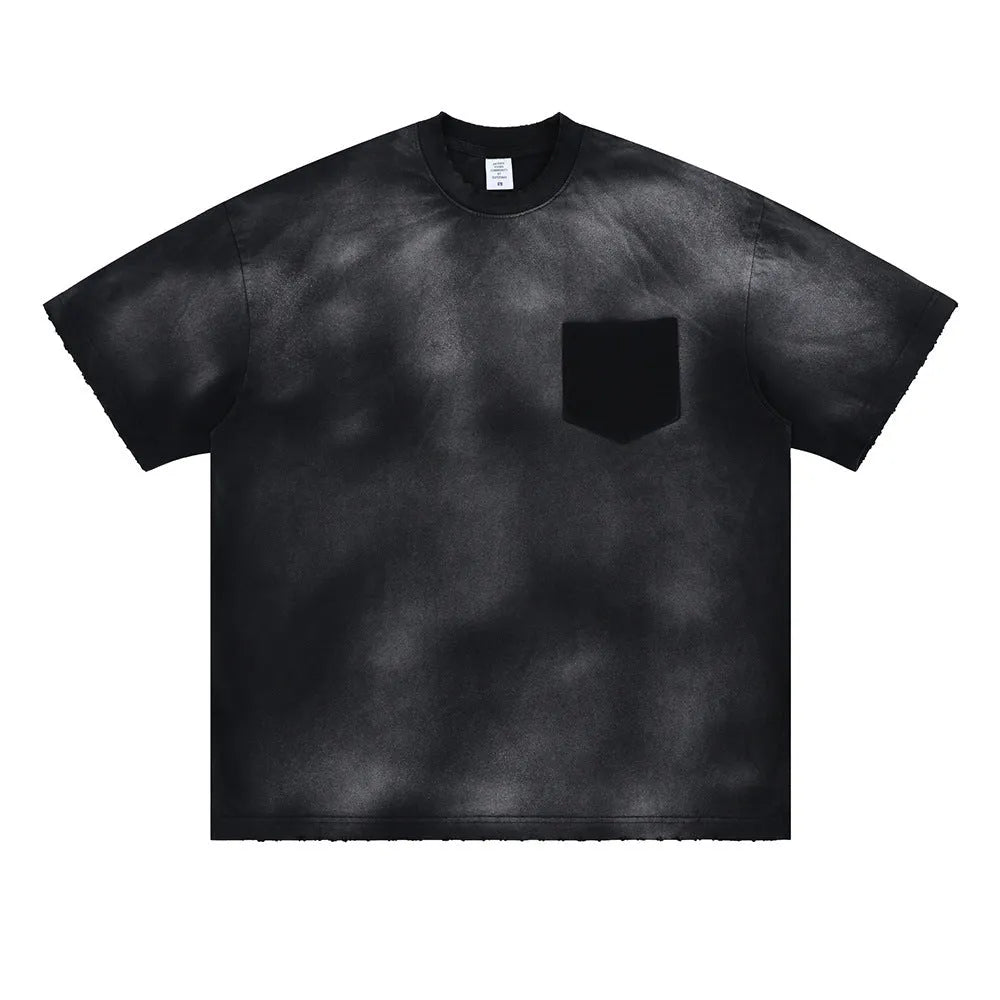 Men's black cotton T-shirt with printed letter pattern and drop-shoulder street fashion design