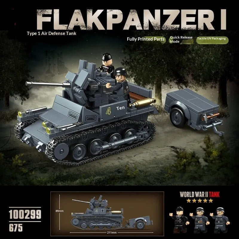Military German No1 anti-aircraft tank building blocks in German style colour 100299, small particle plastic and rubber set for ages 7-14.