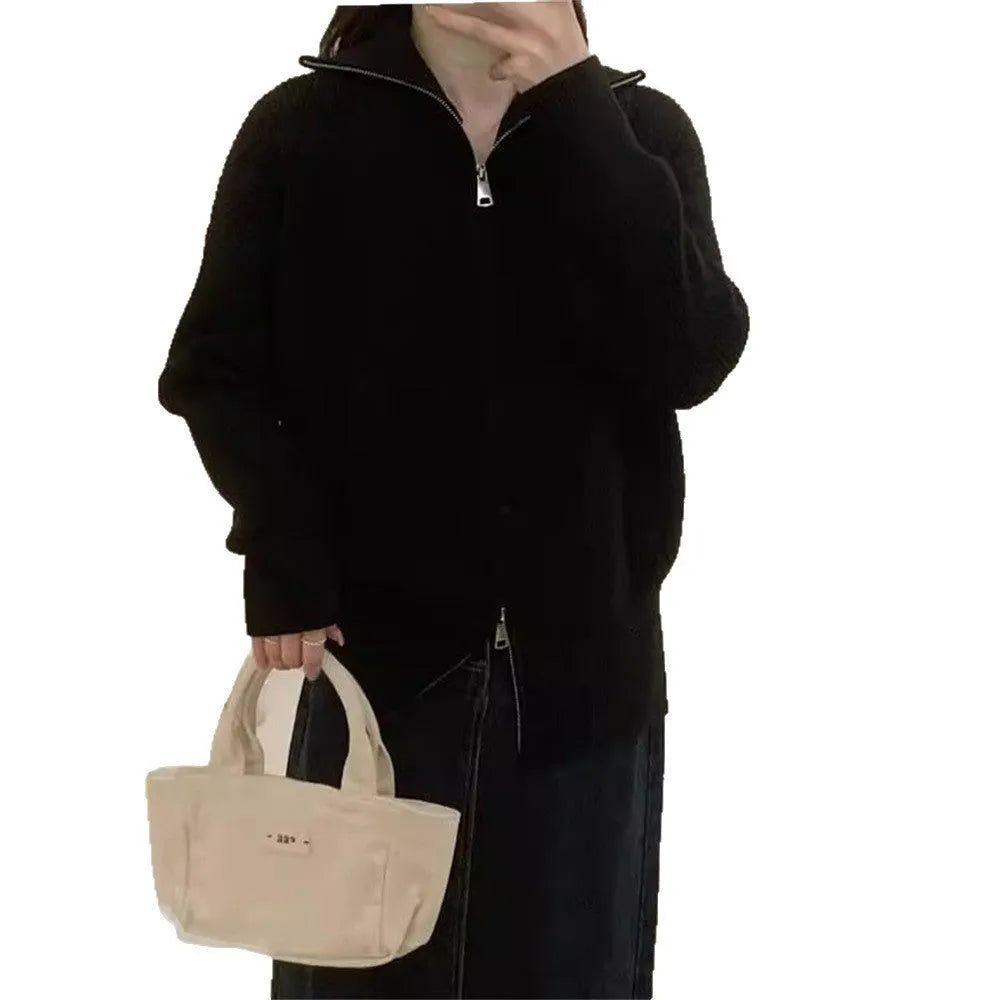 Hong Kong style double zipper knitted cardigan with three-dimensional floral pattern in loose fit design