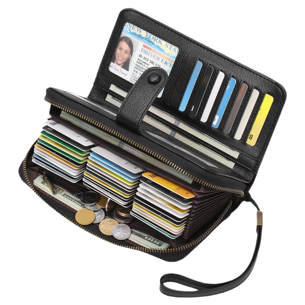 Women's expanding card holder wallet in light brown showing multiple card slots and passport sleeve