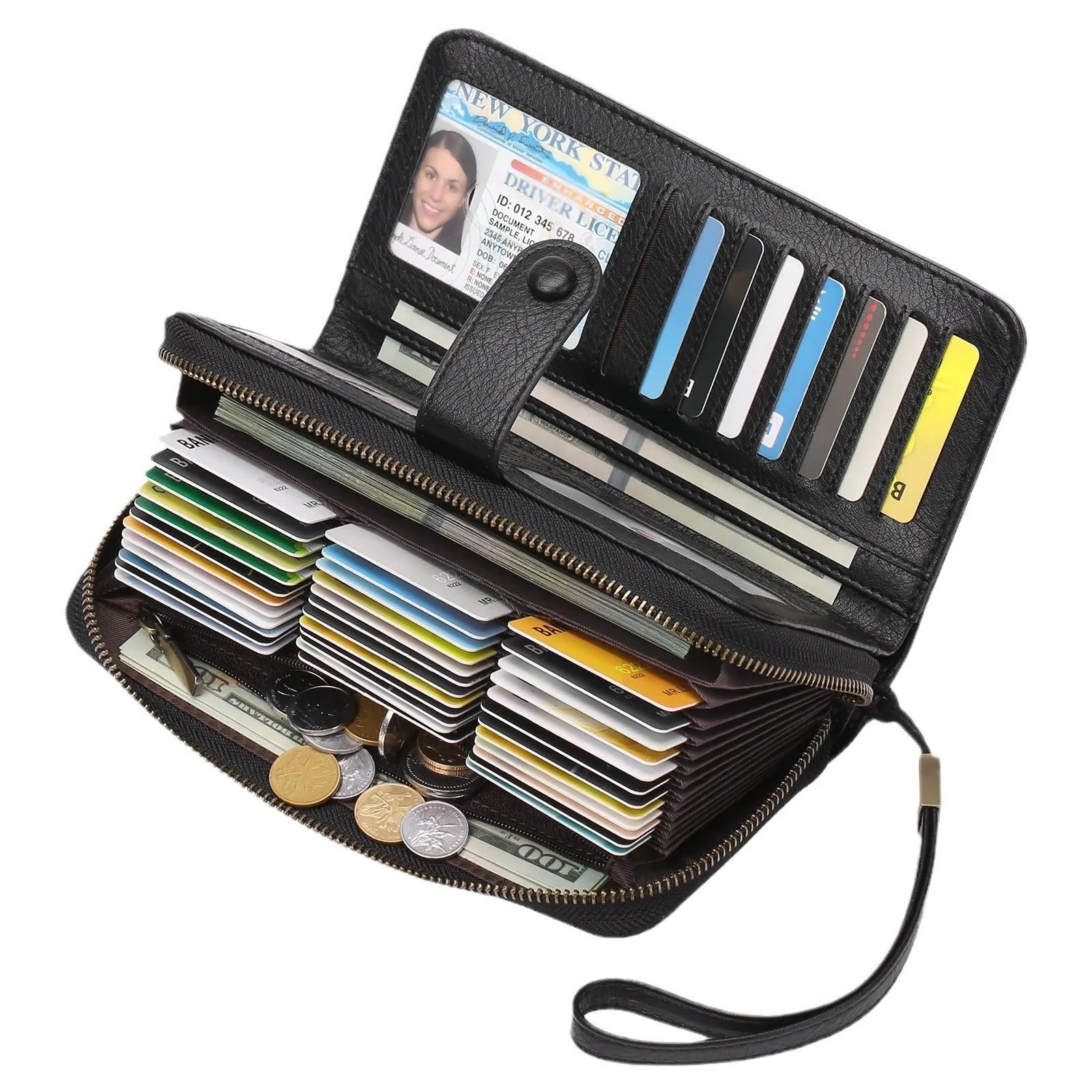 Women's expanding card holder wallet in light brown showing multiple card slots and passport sleeve