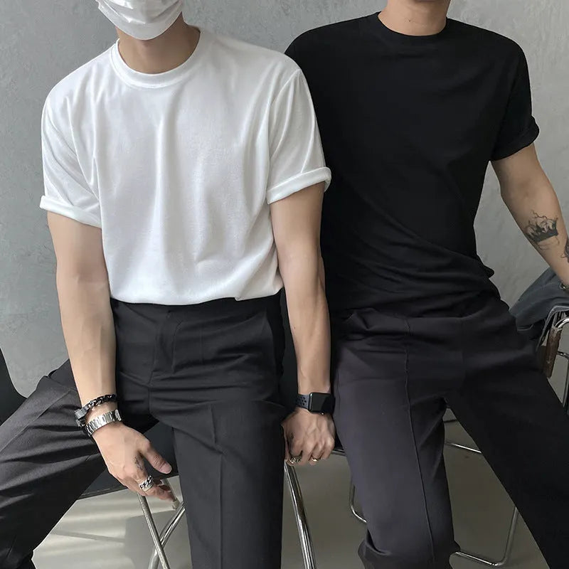 Men's slim fit cotton t-shirt in black or white with half-sleeve round neck design on hanger
