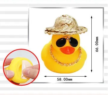 Yellow duck wearing straw hat car dashboard ornament with matte finish, 12cm height with base glue and sunglasses necklace