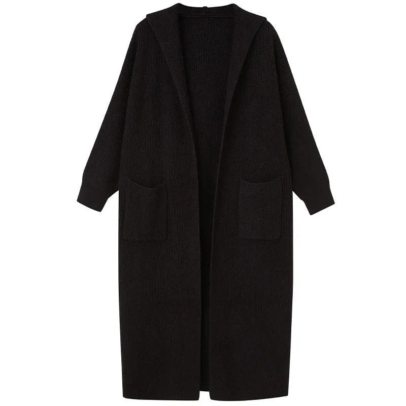 Long grey knitted cardigan with hooded trench coat design showing 80cm length and wool blend fabric texture