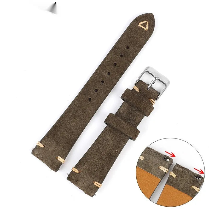 Small waist suede leather watch strap in Army Green, Blue, Brown, or Gray with 20mm or 22mm width options