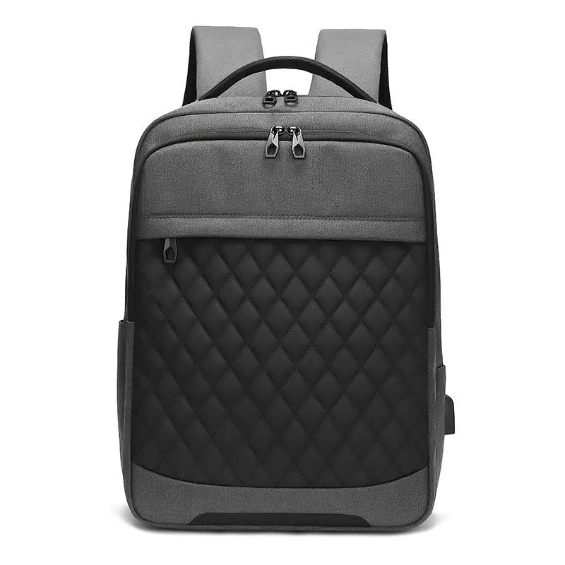 Men's solid colour Oxford cloth travel backpack with diamond mesh panels and curved shoulder straps.