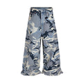 Snow camouflage blue jeans with loose fit and mid-waist design on a hanger