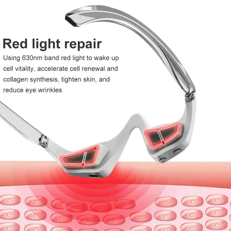 Pink and white USB rechargeable micro-current eye massager with glasses-style frame on a grey background.