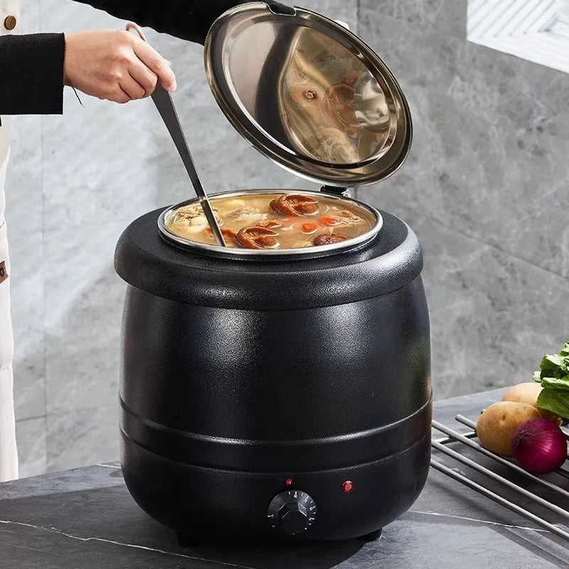 Black stainless steel insulation pot with steel cover, 10-litre capacity for commercial kitchen soup preservation