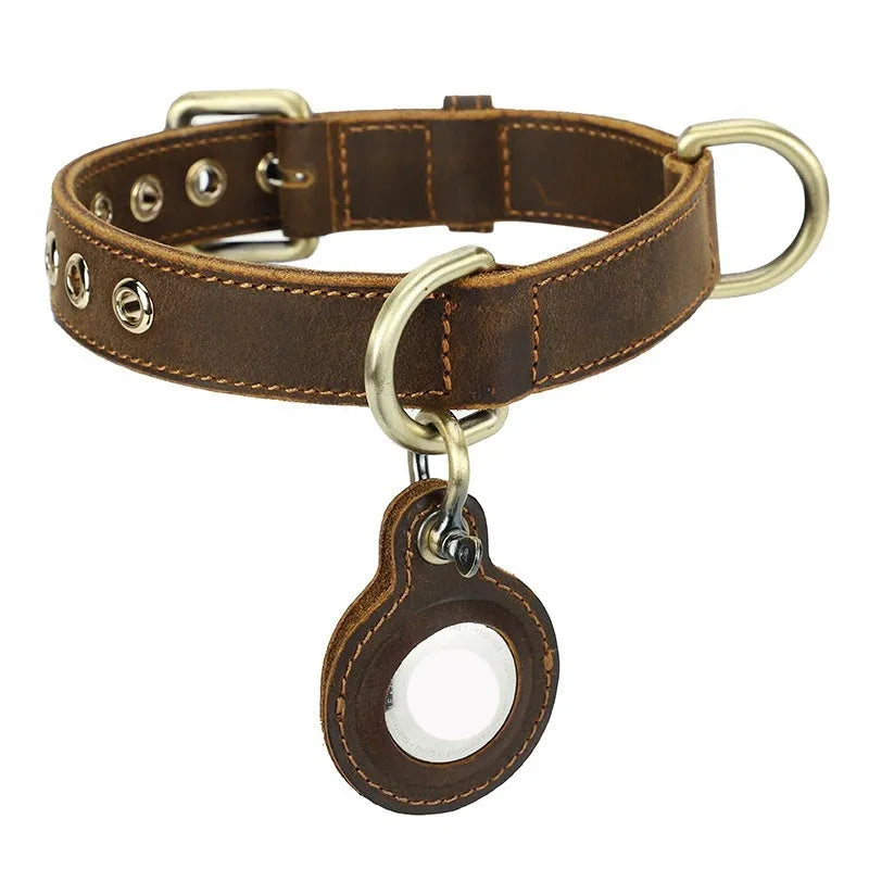 Brown handmade genuine cowhide leather dog collar with lanyard, shown in retro style.