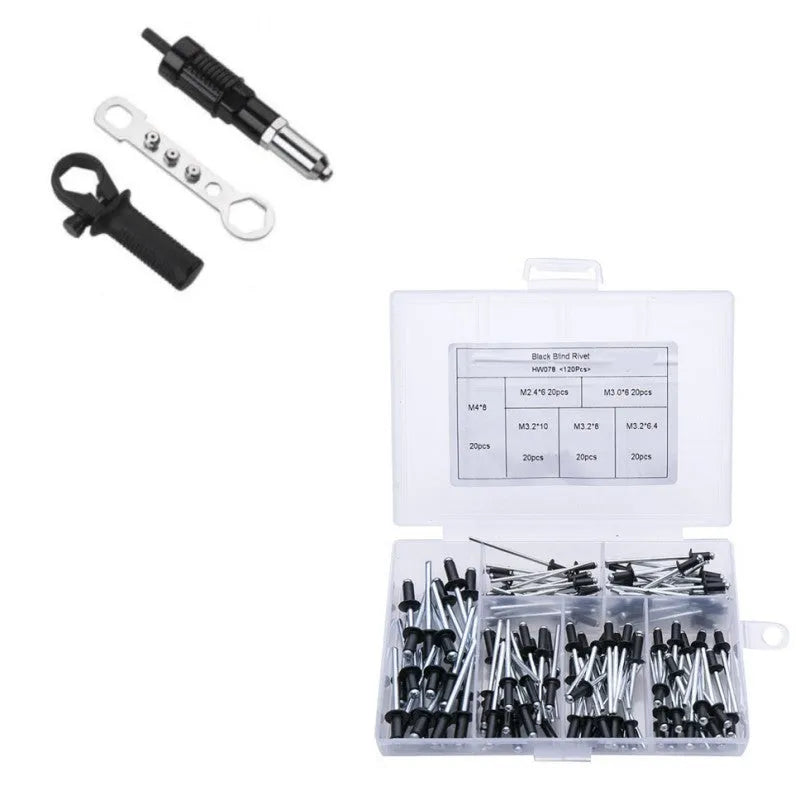 Black electric drill rivet gun with 173mm alloy steel head and adapter for fast transformation