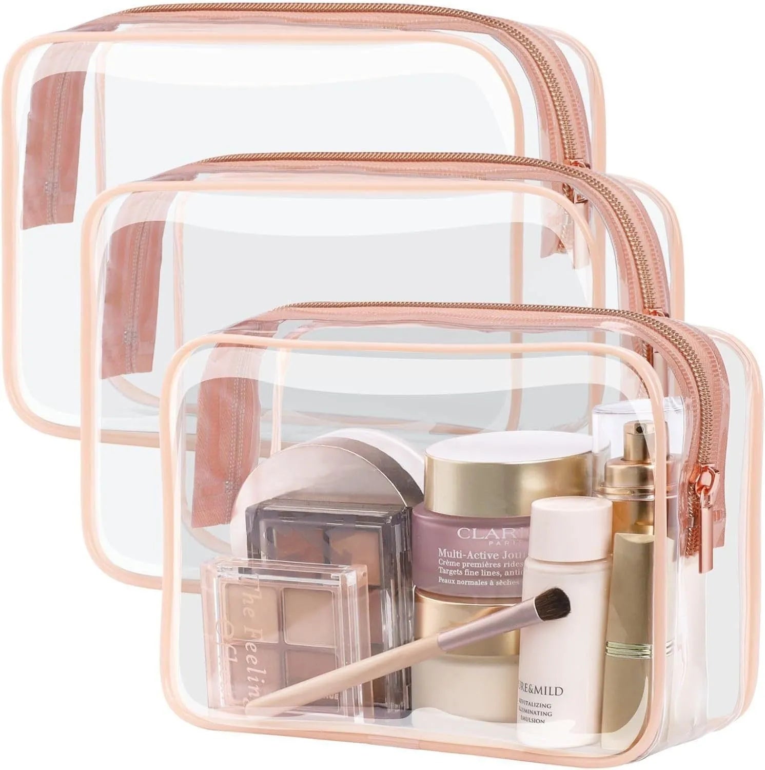 Set of three semi-transparent PVC bags in black, pink and white with customisable front panel.