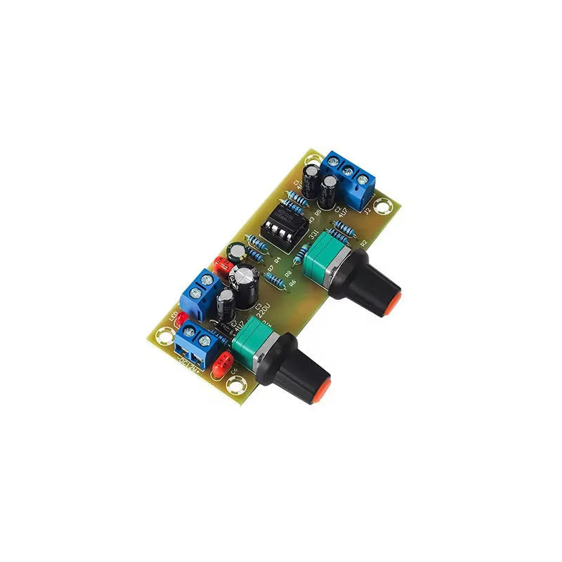 Single power supply 10-24V bass boost front stage board with FR-4 fibreglass PCB measuring 78x32mm