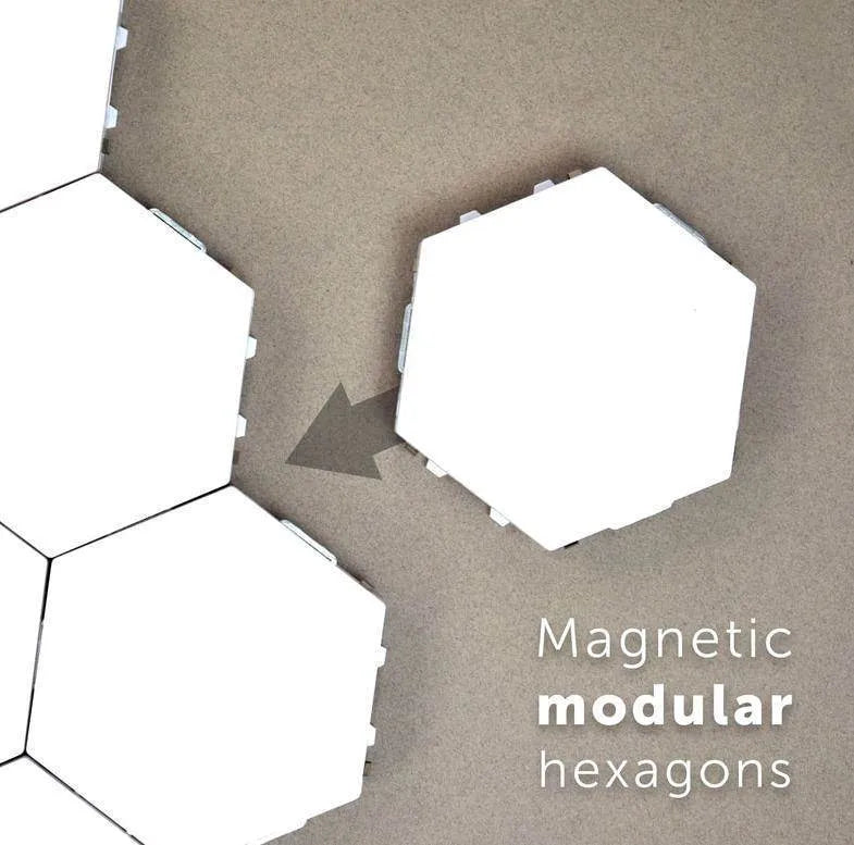 Hexagonal modular wall lamp with touch controls showing geometric arrangement on wall
