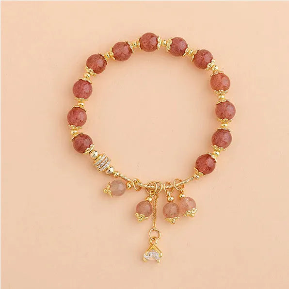 Pink strawberry quartz crystal heart bracelet with pearl beads for women