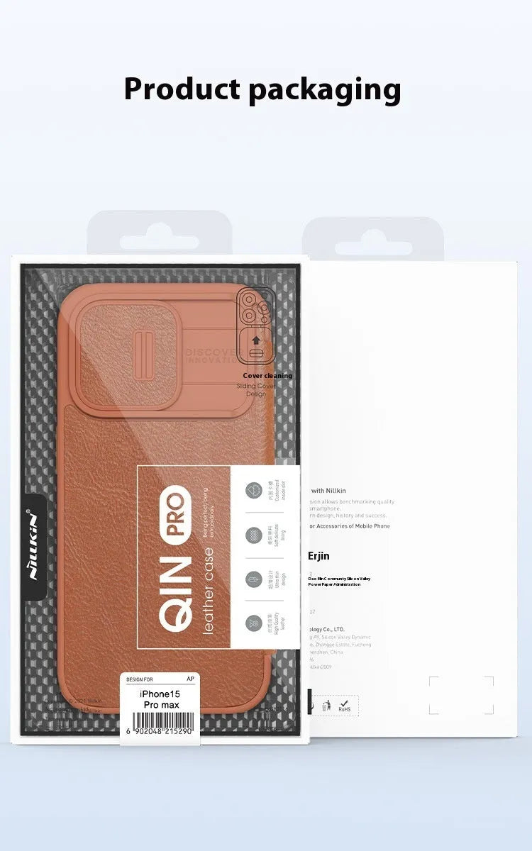 Imitation leather flip phone case for iPhone 15 and iPhone 14 Pro Max in black, brown, or red.