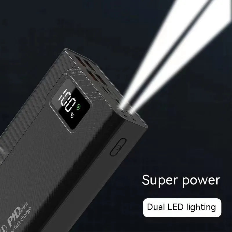 Black or white power bank measuring 150x76mm with capacity options from 20000 to 50000 mAh supporting fast charging