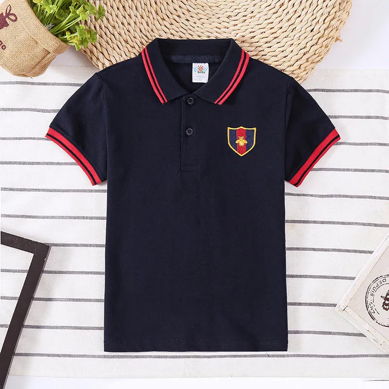 Boys' red cotton short-sleeved shirt with lapel collar for children aged 3-8 years