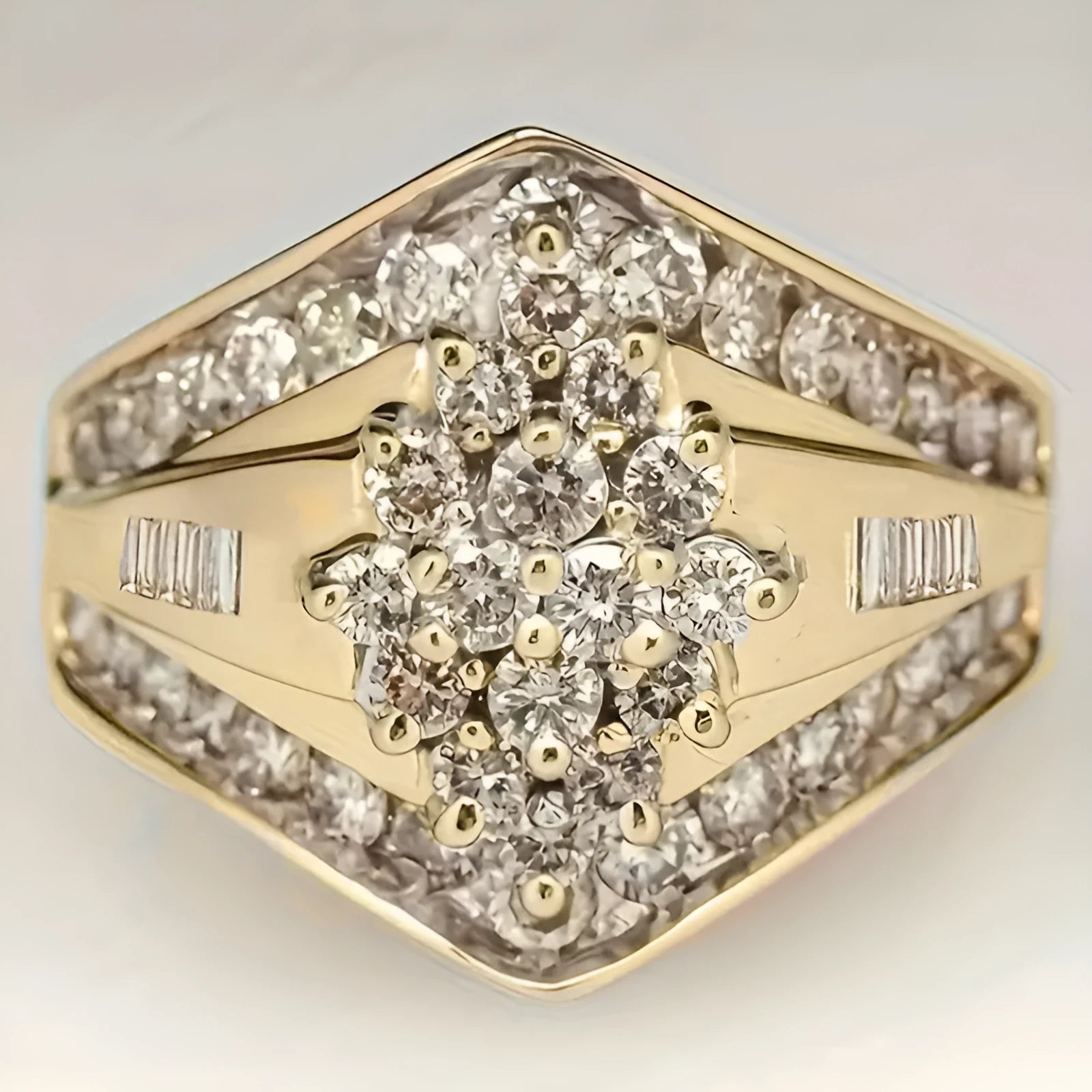 Geometric copper ring with gold electroplated finish showing palace style detailing