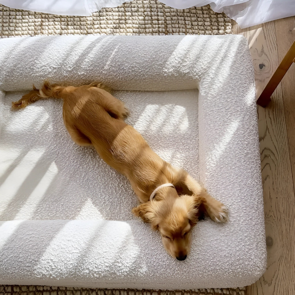 Beige rectangular cloth dog bed sofa nest for small medium dogs in three size options