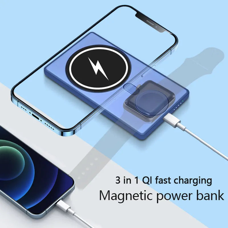 Black and blue slim magnetic wireless charging power bank showing 5000mAh capacity and three charging outputs.