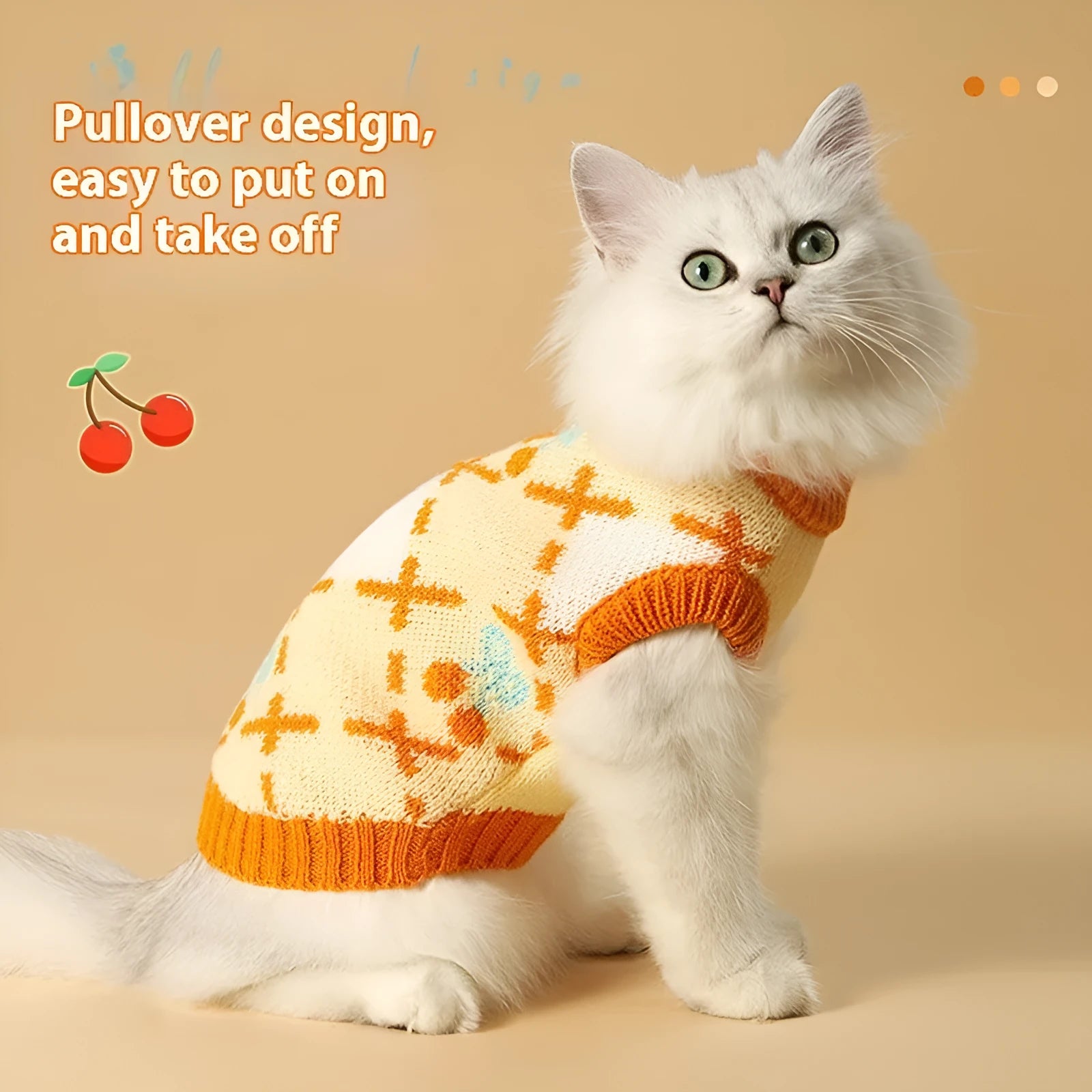 Orange knitted cat sweater with a cherry pattern, sized for small to large cats in autumn and winter.