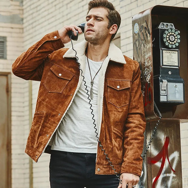 Men's brown pigskin leather jacket with cotton padding, lapel collar, single-breasted front, straight regular fit