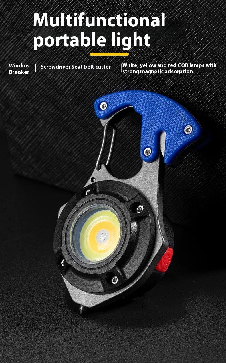 Portable aluminium multifunctional keychain flashlight with keyring and display screen.