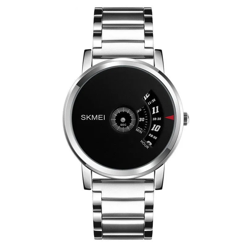 Personalised business men's quartz watch with 39mm dial, 9mm thickness, alloy case and steel belt in silver or black finish.
