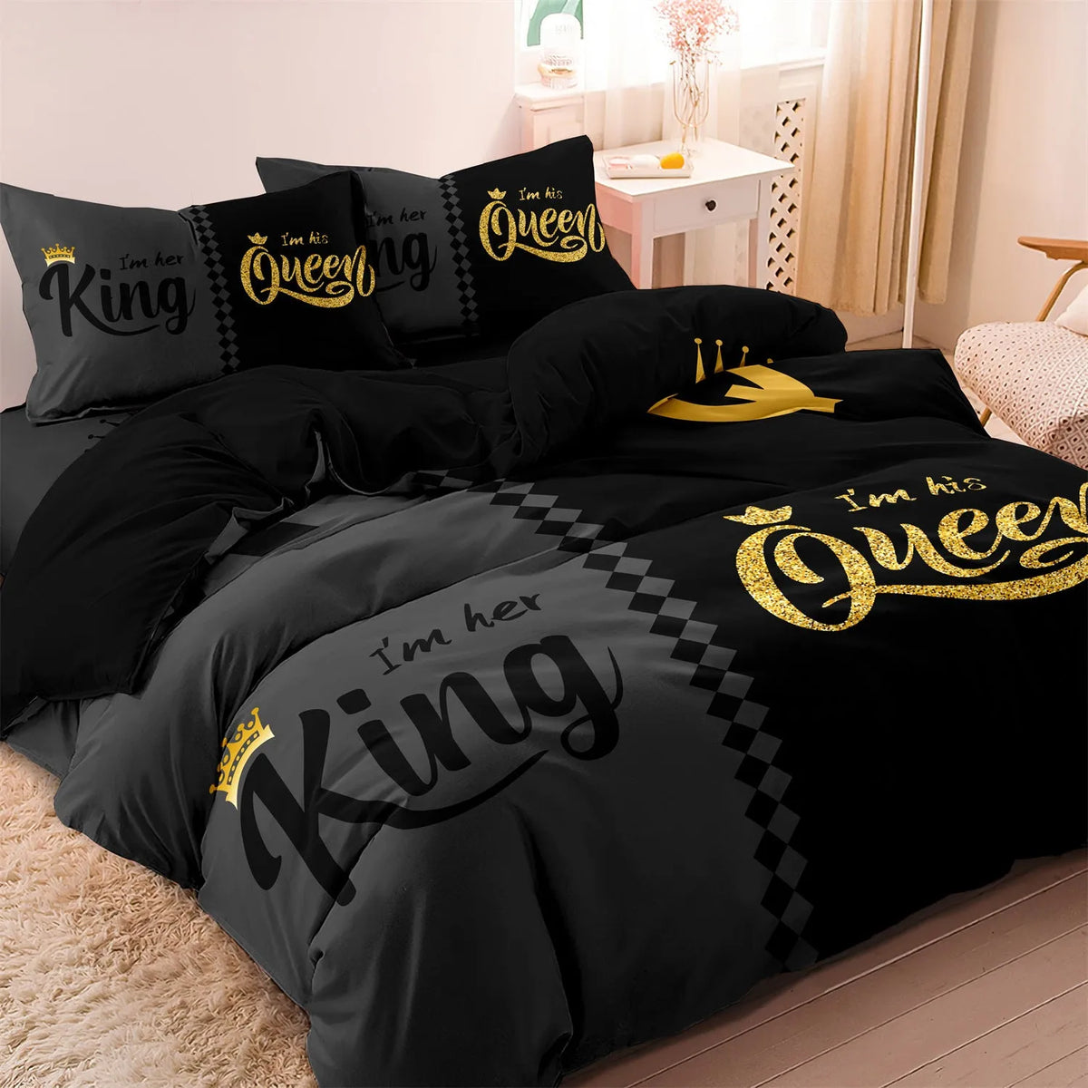 Light grey modern quilt cover and two pillowcases on a bed.