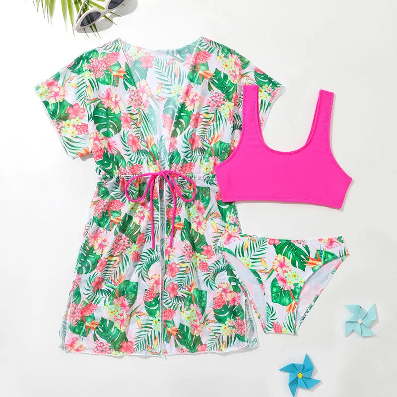 Girls' two-piece swimsuit with Korean-style floral pattern, high-elasticity polyester fabric for swimming