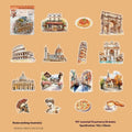 Holiday Journey Series architecture journal stickers showing retro style landmarks including Big Ben and Arc de Triomphe