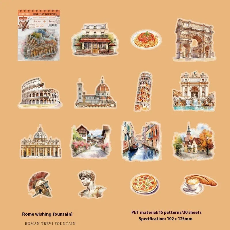 Holiday Journey Series architecture journal stickers showing retro style landmarks including Big Ben and Arc de Triomphe