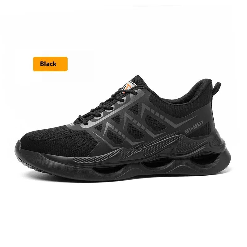 Black steel toe cap labour protection shoes with flat-knitted uppers and lace-up front.